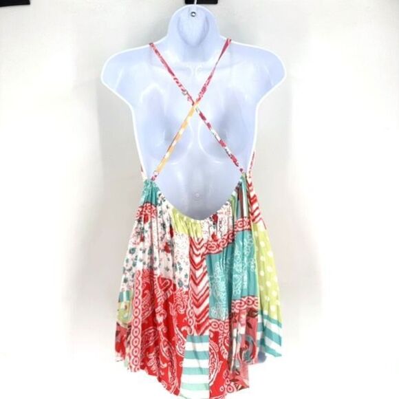 Angel Biba Patchwork Colorful Lace Trim Mini Sundress Size Small Open Back Boho - Picture 2 of 10